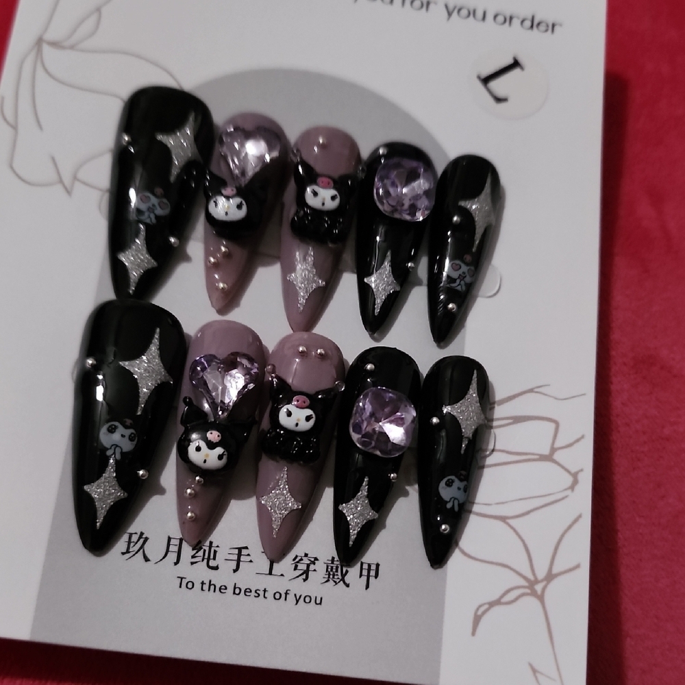 Black & Lavender Cute Character Stiletto Press-On Nails - Picture 3 of 5